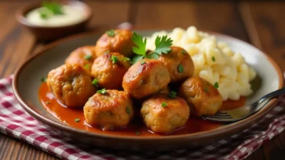 A plate of authentic Romanian meatballs (Chiftele), golden brown and garnished with fresh parsley, served alongside mashed potatoes and garlic sauce on a rustic wooden table.
