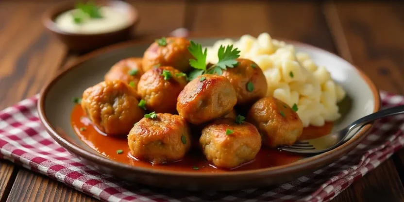 A plate of authentic Romanian meatballs (Chiftele), golden brown and garnished with fresh parsley, served alongside mashed potatoes and garlic sauce on a rustic wooden table.