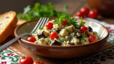 A rustic bowl filled with creamy Romanian aubergine salad (Salata de Vinete), garnished with fresh parsley and cherry tomatoes, served with slices of crusty bread on a wooden table with a traditional Romanian tablecloth in the background.