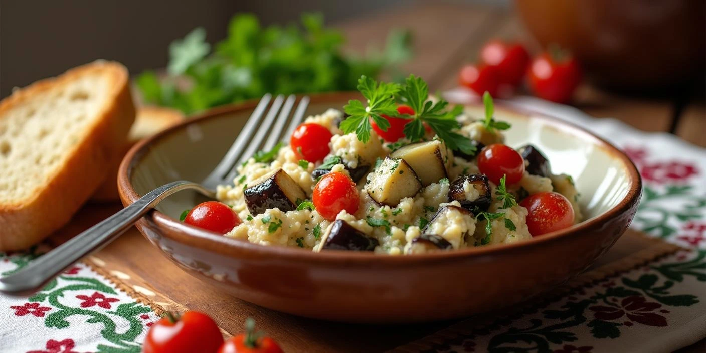 A rustic bowl filled with creamy Romanian aubergine salad (Salata de Vinete), garnished with fresh parsley and cherry tomatoes, served with slices of crusty bread on a wooden table with a traditional Romanian tablecloth in the background.