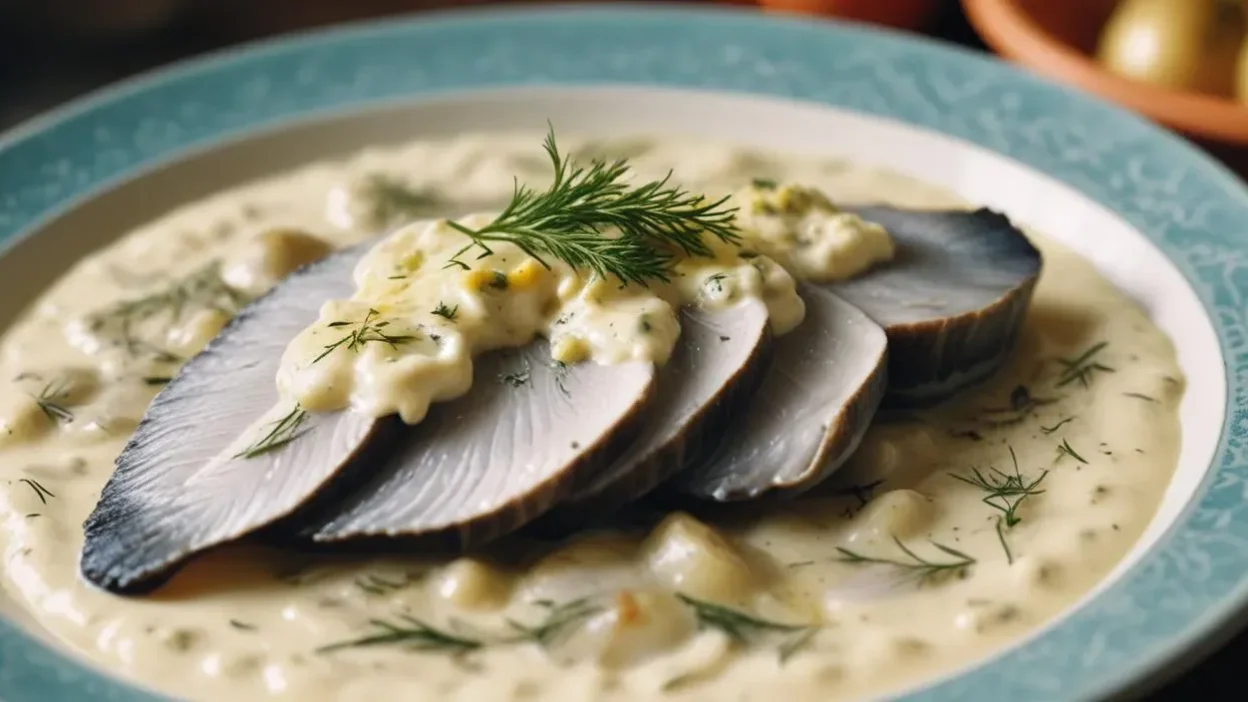 Traditional Polish dish of pickled herring in sour cream, garnished with onions and dill on a white plate.