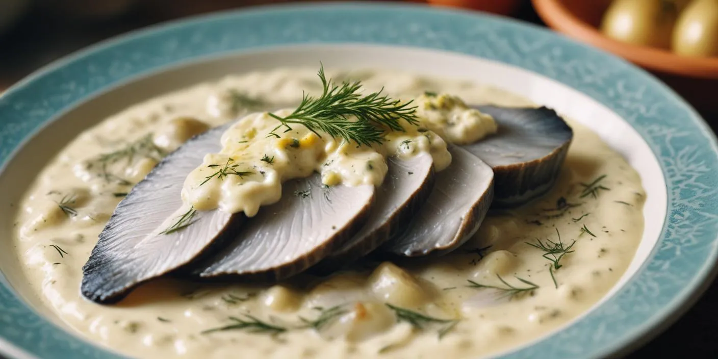 Traditional Polish dish of pickled herring in sour cream, garnished with onions and dill on a white plate.