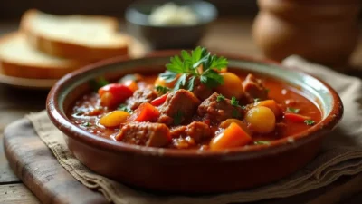 A traditional Slovak goulash in a ceramic bowl, with tender beef, potatoes, and paprika sauce, garnished with parsley and served with crusty bread on a rustic wooden table.