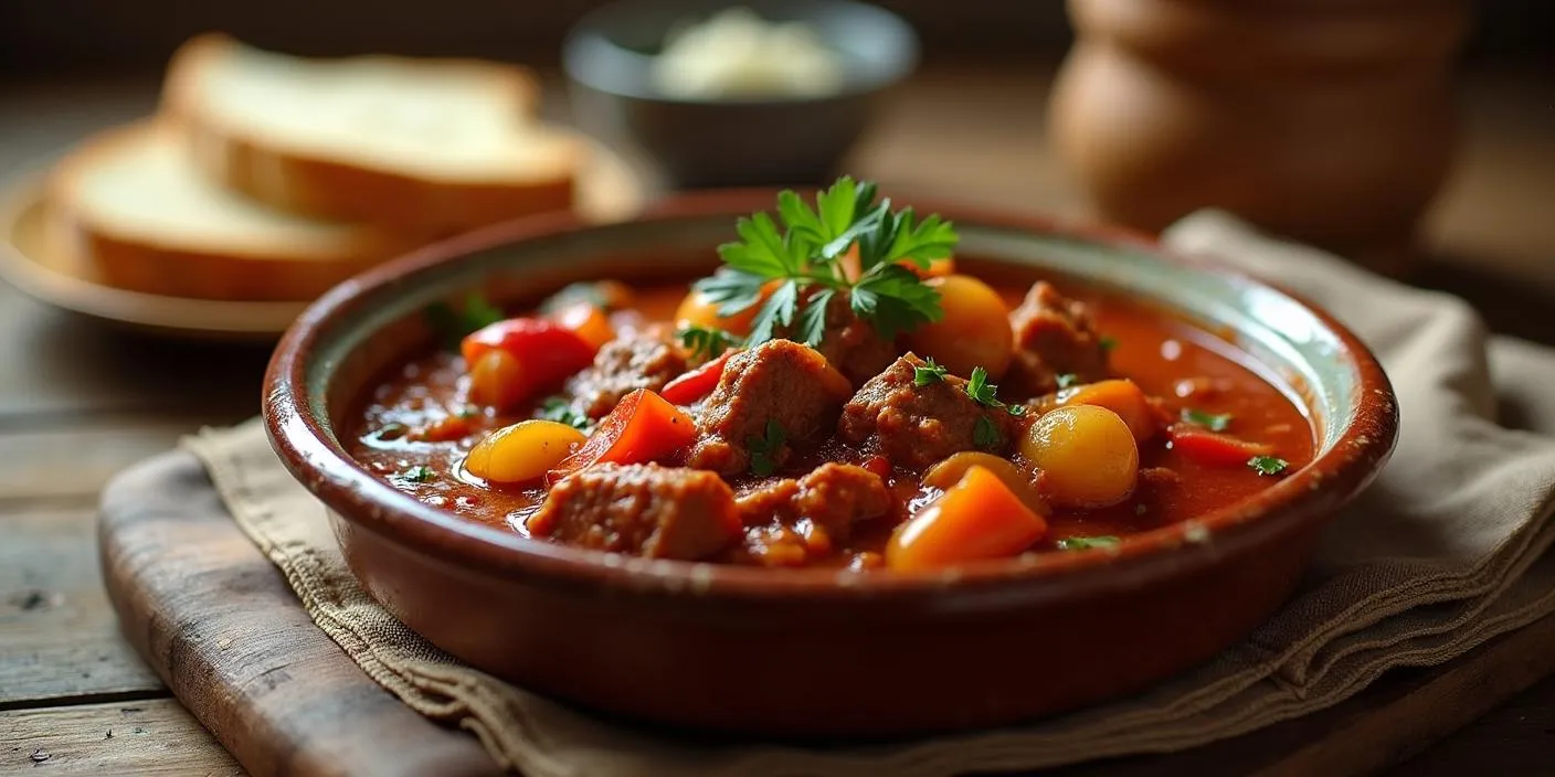 A traditional Slovak goulash in a ceramic bowl, with tender beef, potatoes, and paprika sauce, garnished with parsley and served with crusty bread on a rustic wooden table.