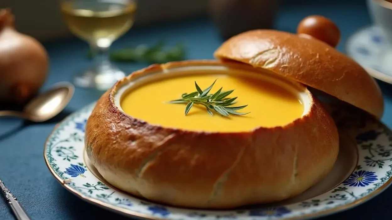 Aromatic onion soup in a crispy bread bowl is a traditional Slovak dish that will warm you up in any weather.
