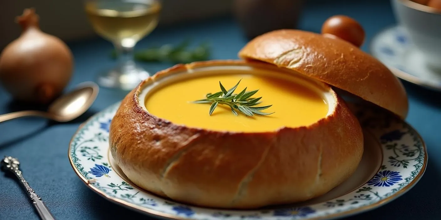 Aromatic onion soup in a crispy bread bowl is a traditional Slovak dish that will warm you up in any weather.