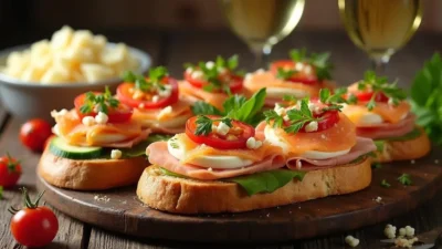 A plate of beautifully decorated Slovak open-faced sandwiches (Obložené Chlebíčky) with ham, eggs, cheese, vegetables, and fresh herbs on sliced baguette. The sandwiches are arranged on a rustic wooden table, accompanied by a bowl of potato salad and a glass of wine.