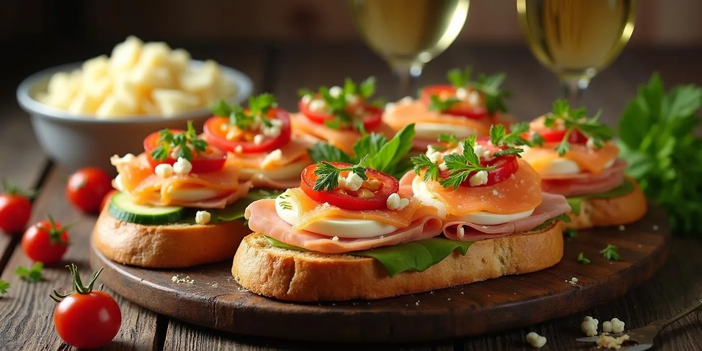 A plate of beautifully decorated Slovak open-faced sandwiches (Obložené Chlebíčky) with ham, eggs, cheese, vegetables, and fresh herbs on sliced baguette. The sandwiches are arranged on a rustic wooden table, accompanied by a bowl of potato salad and a glass of wine.