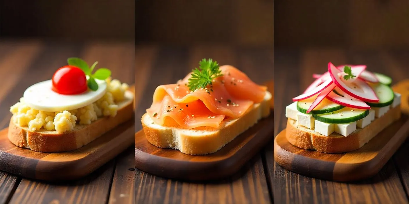 Three variations of Slovak open-faced sandwiches (Obložené Chlebíčky): a classic ham and potato salad sandwich, a smoked salmon with cream cheese and capers, and a vegetarian option with feta, cucumber, and radishes. Each beautifully arranged on a wooden board__