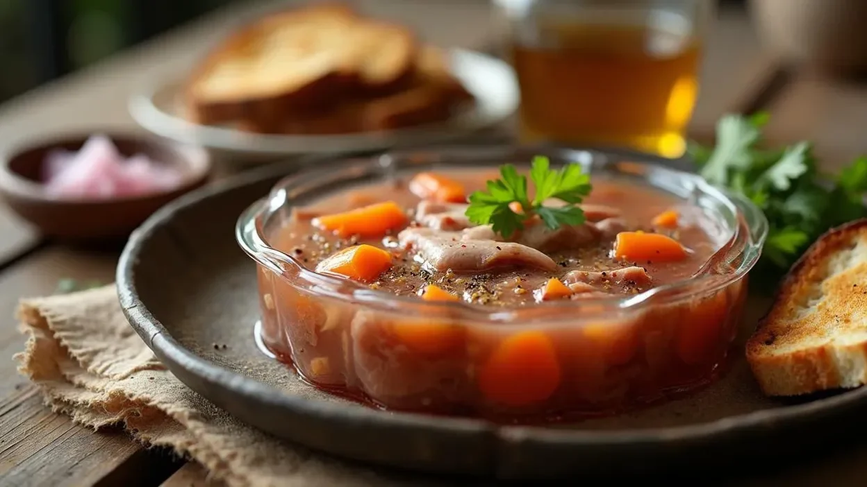 A plate of traditional Slovak Huspenina (pork aspic) with visible pork, carrots, and garlic inside the gelatin, served with toasted bread, vinegar, and pickled onions on a rustic wooden table.