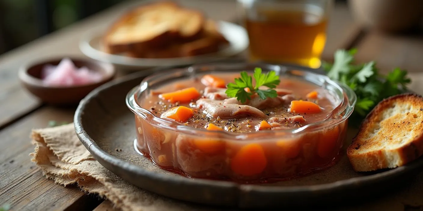 A plate of traditional Slovak Huspenina (pork aspic) with visible pork, carrots, and garlic inside the gelatin, served with toasted bread, vinegar, and pickled onions on a rustic wooden table.