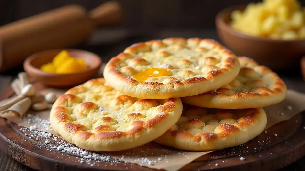 Freshly made Zemiakové Lokše, traditional Slovak potato flatbreads, served on a rustic wooden table, brushed with goose fat and sprinkled with sugar.