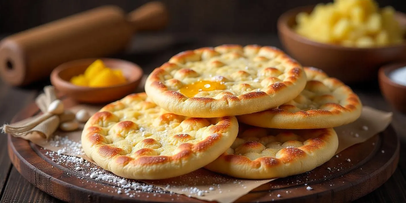 Freshly made Zemiakové Lokše, traditional Slovak potato flatbreads, served on a rustic wooden table, brushed with goose fat and sprinkled with sugar.