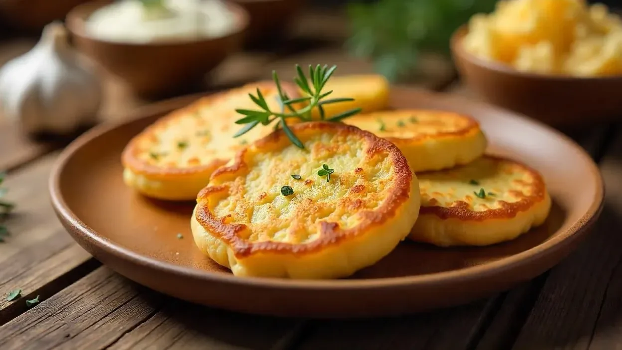 Golden-brown Slovak potato pancakes (Zemiakové Placky) served on a rustic plate with sour cream and herbs.
