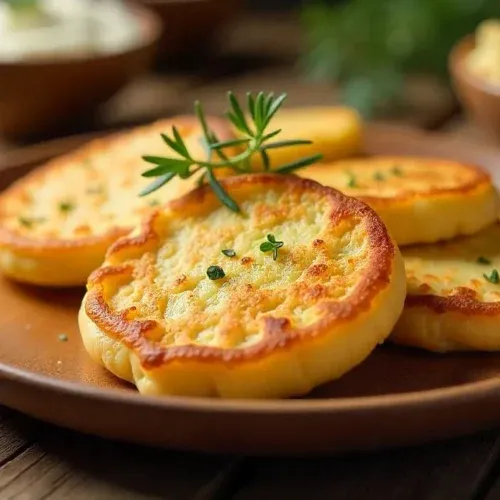 Golden-brown Slovak potato pancakes (Zemiakové Placky) served on a rustic plate with sour cream and herbs.