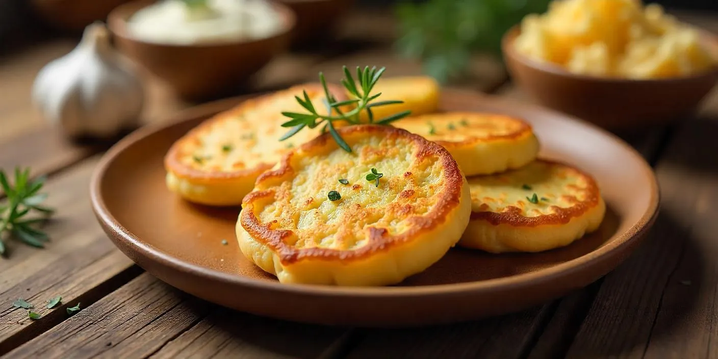 Golden-brown Slovak potato pancakes (Zemiakové Placky) served on a rustic plate with sour cream and herbs.