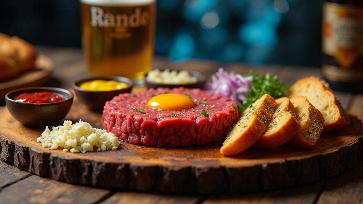 Slovak Tatarák (steak tartare) served on a wooden board with a raw egg yolk on top, surrounded by chopped onions, garlic, mustard, ketchup, and crispy garlic-rubbed rye bread.