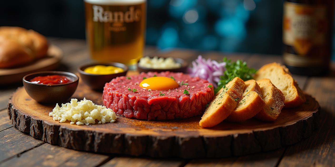 Slovak Tatarák (steak tartare) served on a wooden board with a raw egg yolk on top, surrounded by chopped onions, garlic, mustard, ketchup, and crispy garlic-rubbed rye bread.