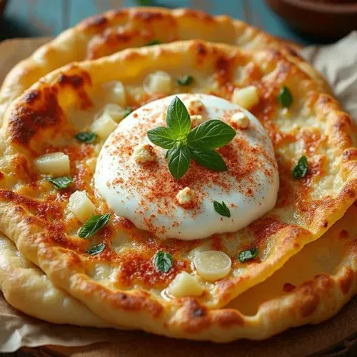 Freshly fried Slovak Langoš topped with garlic sauce, sour cream, cheese, and paprika on a rustic wooden table.
