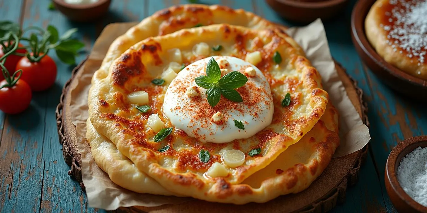 Freshly fried Slovak Langoš topped with garlic sauce, sour cream, cheese, and paprika on a rustic wooden table.