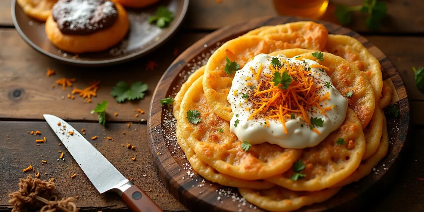 Freshly fried Slovak Langoš topped with garlic sauce, sour cream, cheese, and paprika on a rustic wooden table.