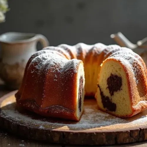 Freshly baked Slovak Bábovka (marble bundt cake) with a golden crust, powdered sugar topping, and a marbled cocoa-vanilla interior, served on a rustic wooden table.