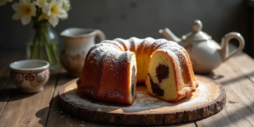 Freshly baked Slovak Bábovka (marble bundt cake) with a golden crust, powdered sugar topping, and a marbled cocoa-vanilla interior, served on a rustic wooden table.