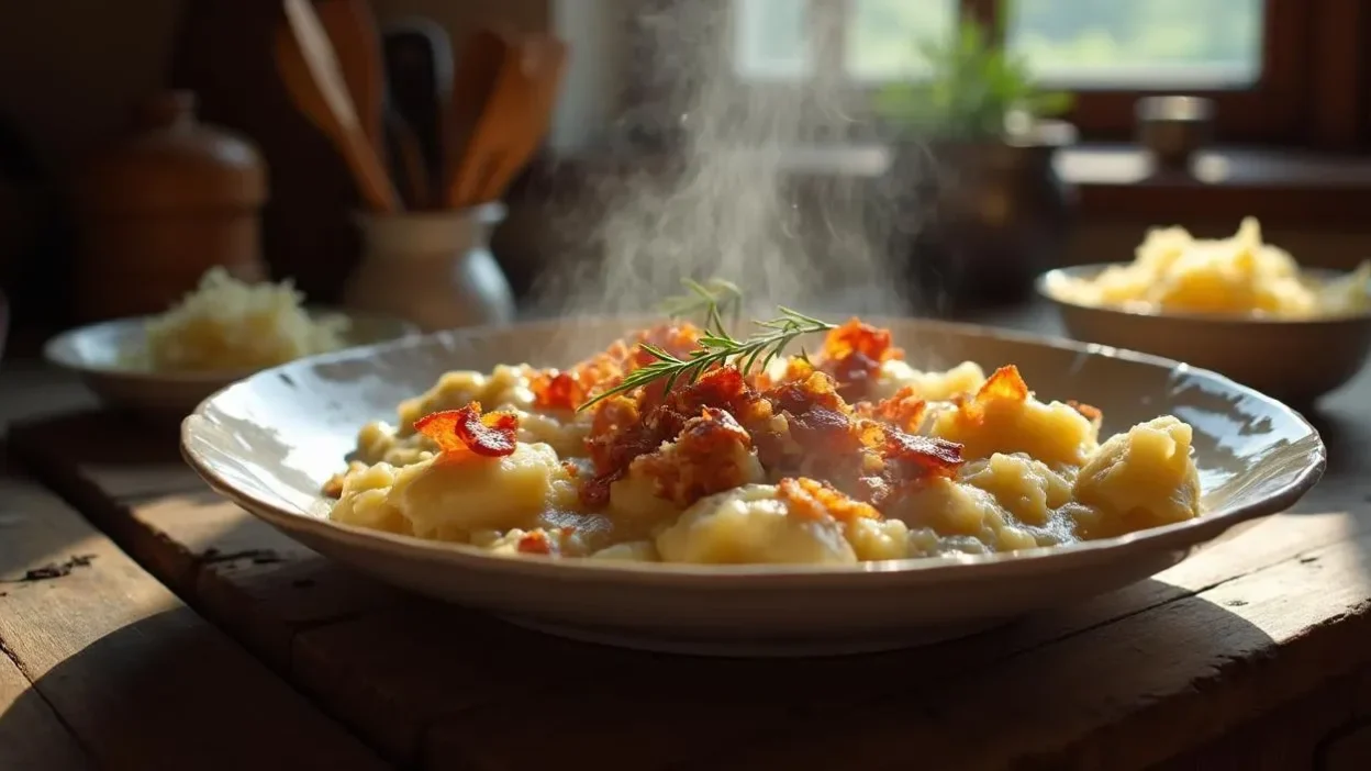 A plate of Slovak Halušky s Kyslou Kapustou — soft potato dumplings mixed with tangy sauerkraut, topped with crispy bacon bits, served in a rustic kitchen setting.