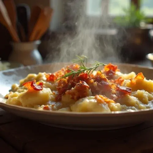 A plate of Slovak Halušky s Kyslou Kapustou — soft potato dumplings mixed with tangy sauerkraut, topped with crispy bacon bits, served in a rustic kitchen setting.