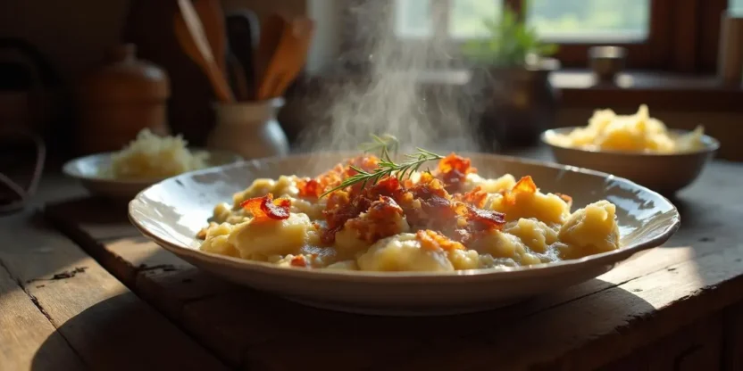 A plate of Slovak Halušky s Kyslou Kapustou — soft potato dumplings mixed with tangy sauerkraut, topped with crispy bacon bits, served in a rustic kitchen setting.
