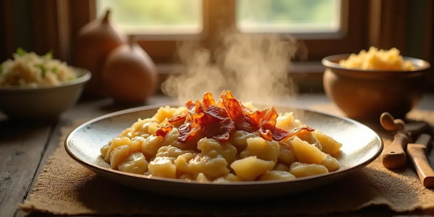 A plate of Slovak Halušky s Kyslou Kapustou — soft potato dumplings mixed with tangy sauerkraut, topped with crispy bacon bits, served in a rustic kitchen setting.
