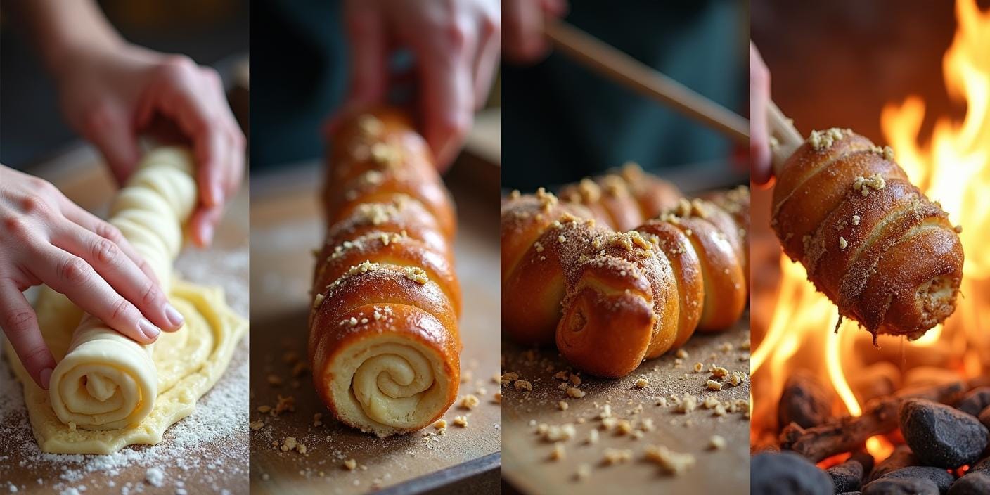 Step-by-step process of making Skalický Trdelník: dough preparation, wrapping, roasting, and coating