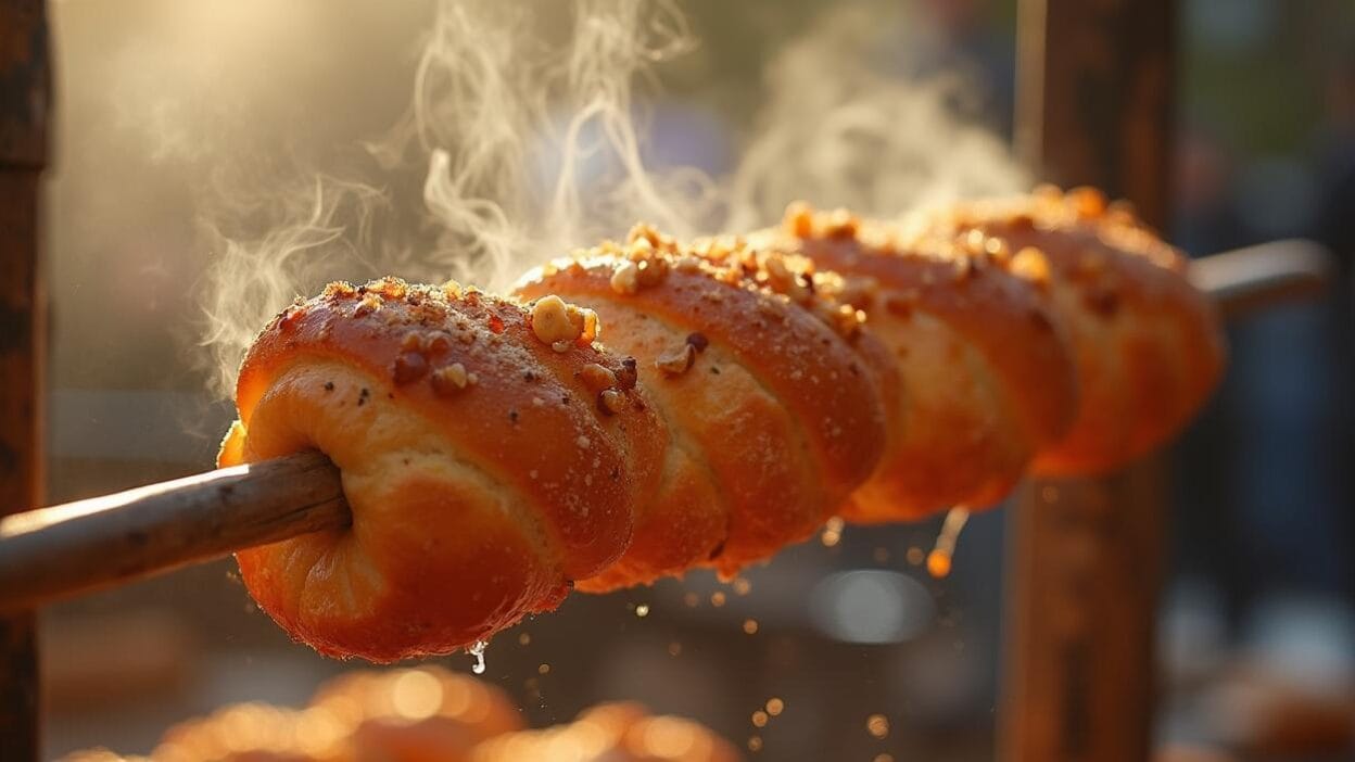 Freshly baked Skalický Trdelník with crispy caramelized crust, sugar, and walnut coating at a traditional Slovak market.