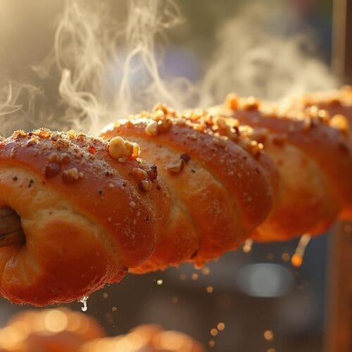Freshly baked Skalický Trdelník with crispy caramelized crust, sugar, and walnut coating at a traditional Slovak market.