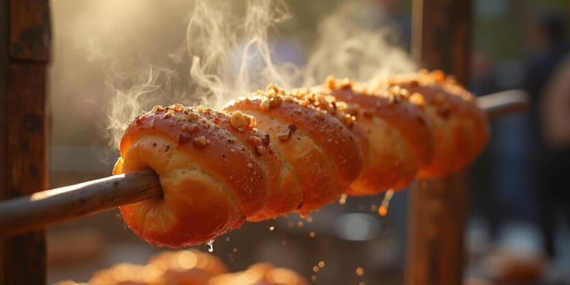 Freshly baked Skalický Trdelník with crispy caramelized crust, sugar, and walnut coating at a traditional Slovak market.