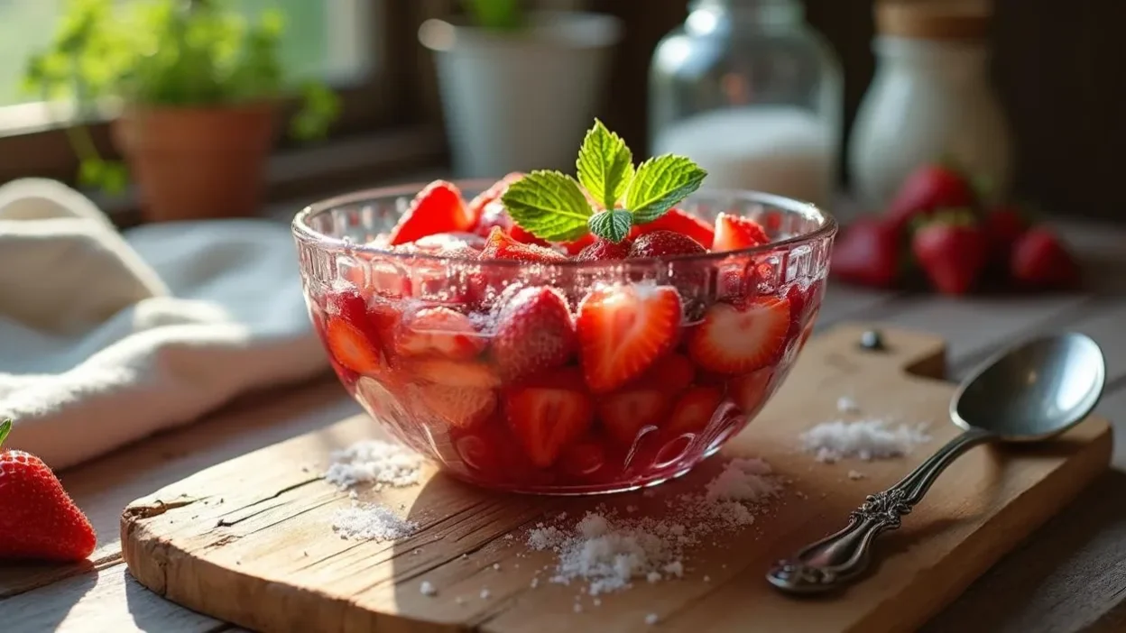 Bowl of Romanian strawberries in sugar syrup topped with mint, sitting on a rustic wooden table with natural light – a traditional summer dessert made with fresh, ripe strawberries.