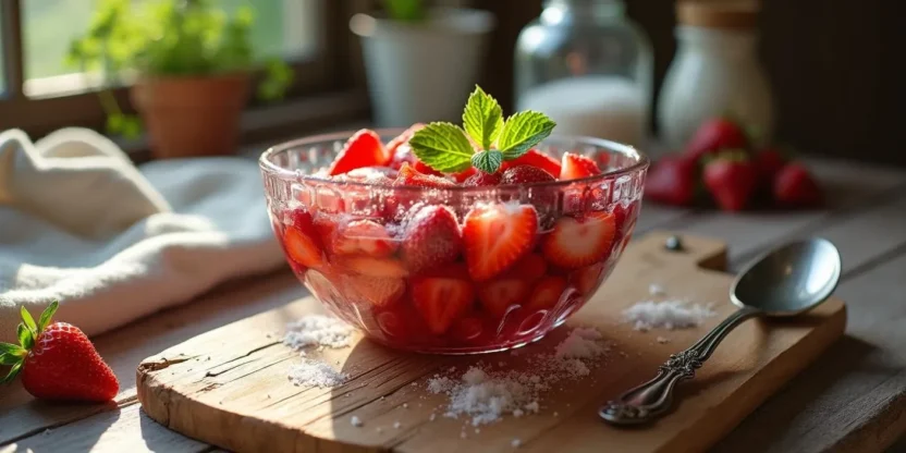Bowl of Romanian strawberries in sugar syrup topped with mint, sitting on a rustic wooden table with natural light – a traditional summer dessert made with fresh, ripe strawberries.