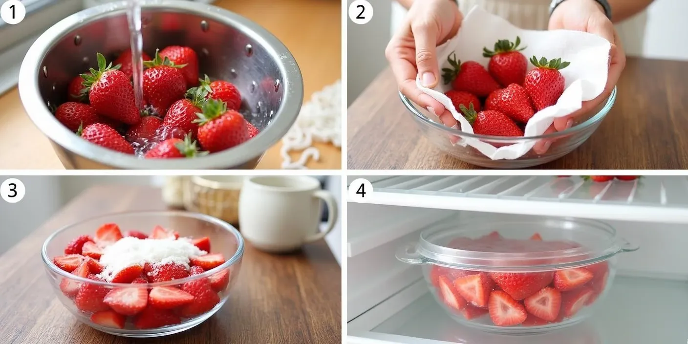 Step-by-step images showing how to make Romanian strawberries in sugar syrup: washing fresh strawberries, drying them, layering with sugar in a bowl, and covering the bowl before refrigeration.