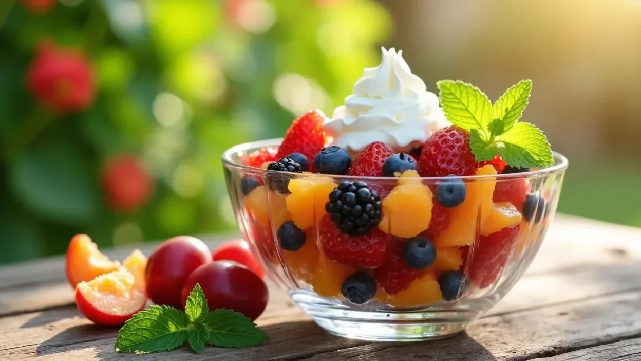 A colorful Romanian summer fruit salad in a glass bowl, topped with whipped cream and mint, featuring fresh berries, oranges, apricots, grapes, and plums, served on a rustic wooden table in natural sunlight.