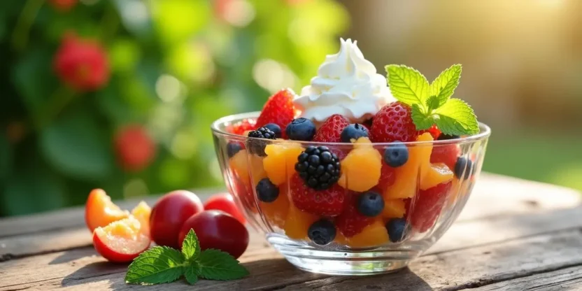 A colorful Romanian summer fruit salad in a glass bowl, topped with whipped cream and mint, featuring fresh berries, oranges, apricots, grapes, and plums, served on a rustic wooden table in natural sunlight.