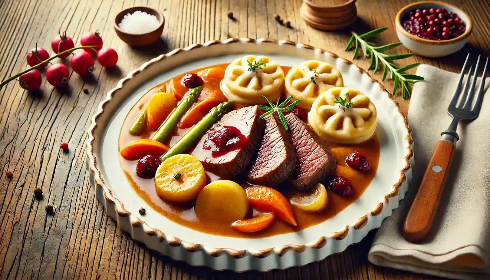 A plate of Svíčková na smetaně, featuring tender beef slices in a creamy sauce, served with Czech bread dumplings and garnished with cranberry sauce and lemon.