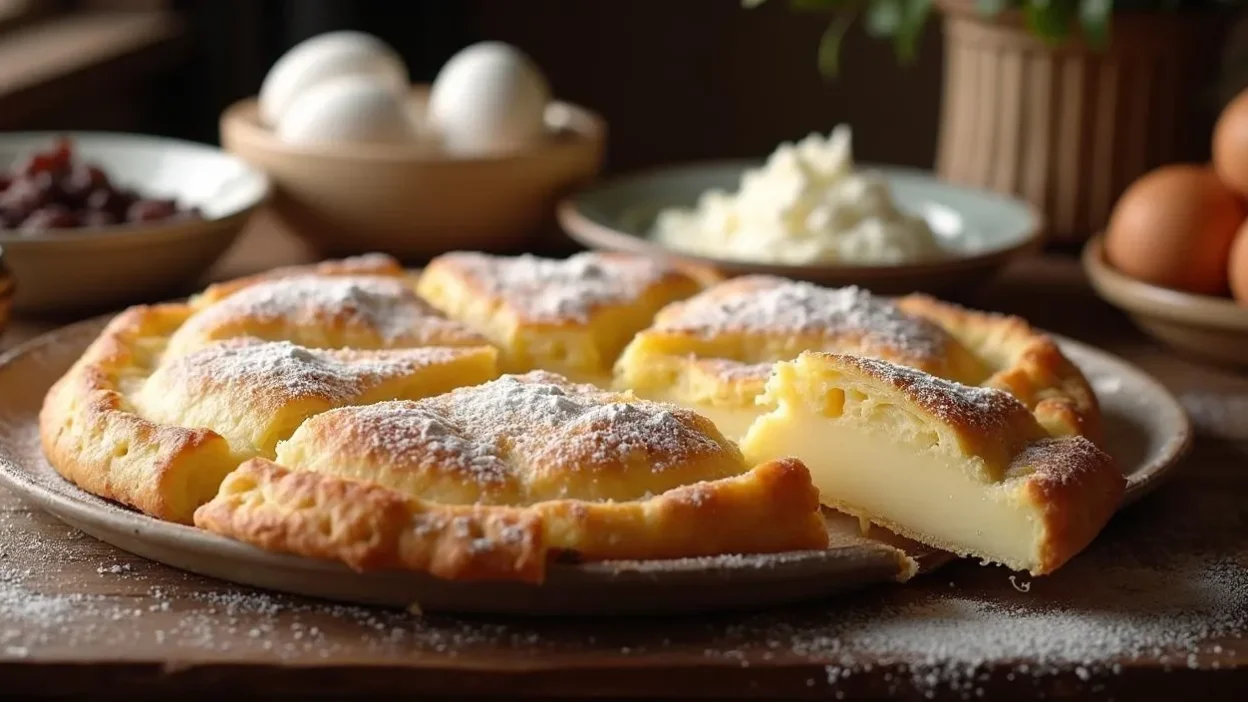 Traditional Romanian sweet cheese pie (Plăcintă cu Brânză Dulce) cut into squares, topped with powdered sugar, displayed on a wooden table with rustic décor and cottage cheese ingredients in the background.