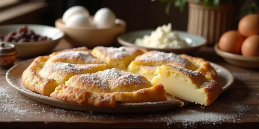 Traditional Romanian sweet cheese pie (Plăcintă cu Brânză Dulce) cut into squares, topped with powdered sugar, displayed on a wooden table with rustic décor and cottage cheese ingredients in the background.