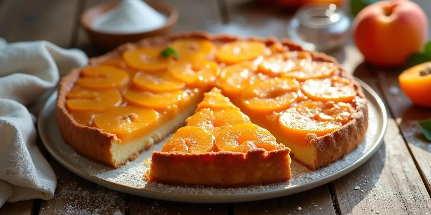 Freshly baked Romanian upside-down apricot tart with caramelized apricot halves on top, served on a ceramic plate with fresh apricots and powdered sugar on a rustic wooden table.