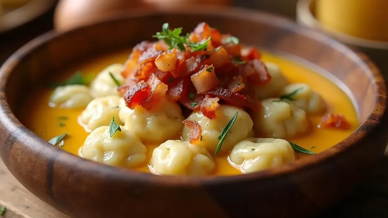 A bowl of traditional Slovak Bryndzové Halušky – soft potato dumplings topped with creamy sheep cheese sauce and crispy bacon, served in a rustic setting.