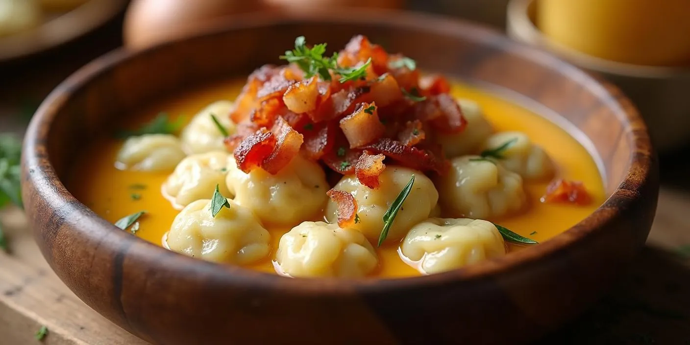 A bowl of traditional Slovak Bryndzové Halušky – soft potato dumplings topped with creamy sheep cheese sauce and crispy bacon, served in a rustic setting.