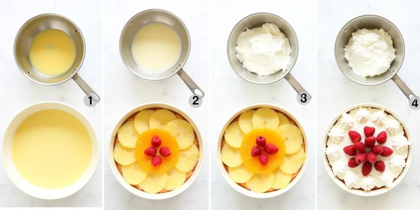 Step-by-step visuals of Romanian Diplomat Cake preparation: making custard, whipping cream, layering fruit and cream, and assembling the finished cake.