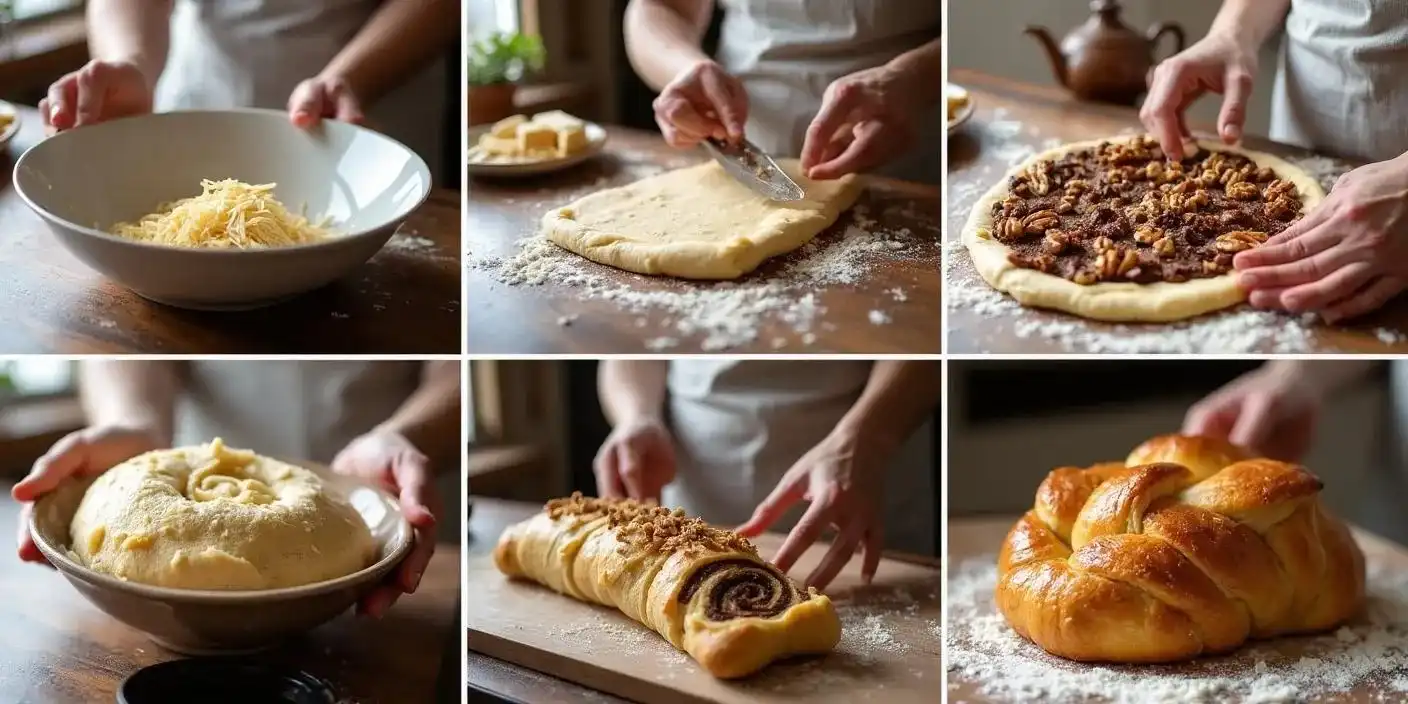 Step-by-step process of making Romanian cozonac: mixing dough, letting it rise, preparing walnut filling, spreading and rolling dough, braiding, baking, and slicing the final sweet bread loaf.