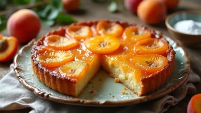 Romanian upside-down apricot tart on a ceramic plate, topped with caramelized apricots and surrounded by fresh fruit and powdered sugar on a rustic wooden table.