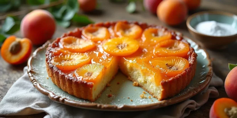 Romanian upside-down apricot tart on a ceramic plate, topped with caramelized apricots and surrounded by fresh fruit and powdered sugar on a rustic wooden table.